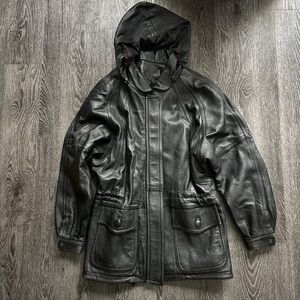 Men's Black Leather Hooded Jacket